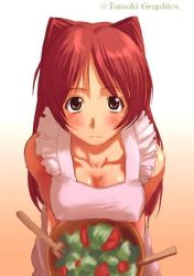 Rule 34 | 00s, 1girl, apron, blush, breasts, brown eyes, cleavage, kousaka tamaki, large breasts, long hair, naked apron, red hair, solo, to heart (series), to heart 2