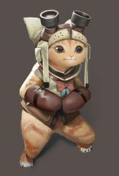Rule 34 | :3, bow, bowtie, brown background, brown eyes, commentary request, felyne, full body, gloves, goggles, goggles on head, highres, looking at viewer, monster hunter (series), monster hunter: world, simple background, smile, solo, standing, waterkuma