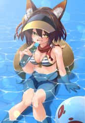 Rule 34 | 1girl, :d, absurdres, animal ears, ball, beachball, bikini, bikini top only, blue archive, bottle, breasts, cleavage, commentary request, datemegane, eyeshadow, fox ears, fox girl, fox tail, hair between eyes, hair ornament, highres, holding, holding bottle, in water, izuna (blue archive), looking at viewer, makeup, medium breasts, medium hair, navel, ocean, open mouth, pom pom (clothes), pom pom hair ornament, ramune, red scarf, scarf, short shorts, shorts, sidelocks, sitting, sleeveless, smile, solo, spaghetti strap, stomach, striped bikini, striped clothes, swimsuit, tail, vertical-striped bikini, vertical-striped clothes, visor cap, wet, wet clothes, wet swimsuit