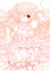 Rule 34 | 1girl, dress, female focus, flower, frilled dress, frills, highres, kirakishou, long hair, looking at viewer, lying, moseley, on back, pink hair, rose, rozen maiden, simple background, solo, thighhighs, very long hair, white background, white dress, yellow eyes, zettai ryouiki