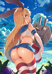 Rule 34 | 10s, 1girl, ass, baisi shaonian, beach, blonde hair, brown eyes, carrying, cloud, colored eyelashes, day, elbow gloves, from behind, g-string, gloves, hairband, highres, innertube, kantai collection, long hair, looking back, microskirt, ocean, outdoors, panties, pleated skirt, rensouhou-chan, shimakaze (kancolle), skirt, sky, striped clothes, striped thighhighs, swim ring, thighhighs, thong, underwear, water, zettai ryouiki