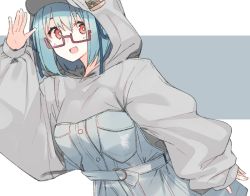 Rule 34 | :d, belt, blue dress, blue hair, blue ribbon, bright pupils, burger, copyright request, dress, fingernails, food, hair ribbon, hand up, hood, hood up, long sleeves, looking at viewer, nekoume, open mouth, puffy long sleeves, puffy sleeves, red eyes, ribbon, smile, solo, symbol-only commentary, waving