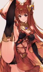 Rule 34 | 1girl, animal ears, anthuria, bad id, bad pixiv id, bare shoulders, black gloves, black panties, black thighhighs, blush, breasts, cameltoe, cleavage, detached sleeves, dress, elbow gloves, erune, flexible, gloves, granblue fantasy, hair between eyes, hair ornament, highres, koretsuki azuma, large breasts, leg lift, leg up, long hair, looking at viewer, panties, red dress, red eyes, red hair, sideboob, simple background, solo, split, standing, standing on one leg, standing split, thighhighs, thighs, underwear