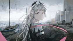 Rule 34 | 1girl, absurdres, arknights, bird, boat, building, capelet, cloud, cloudy sky, day, earrings, from side, grey hair, head wings, highres, horizon, irene (arknights), jewelry, looking at viewer, looking to the side, mackia, ocean, outdoors, parted lips, photoshop (medium), purple eyes, scenery, sky, solo, upper body, watercraft, white capelet, wings