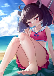 Rule 34 | absurdres, ahoge, arm support, bare arms, bare legs, barefoot, beach, bikini, bikini skirt, blue ribbon, blue sky, blunt bangs, blush, breasts, brown hair, cloud, cloudy sky, day, eating, feet, food, hand up, headgear, highres, knees, knees together feet apart, knees up, legs, looking at viewer, ocean, outdoors, parasol, popsicle, red bikini, red eyes, ribbon, sailor collar, sitting, sky, small breasts, swimsuit, tenneko yuuri, toes, touhoku kiritan, twintails, umbrella, voiceroid