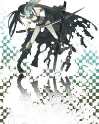 Rule 34 | 10s, 1girl, bad id, bad pixiv id, belt, bikini, bikini top only, black hair, black rock shooter, black rock shooter (character), blue eyes, boots, chain, coat, flat chest, front-tie top, glowing, glowing eyes, jacket, katana, knee boots, long hair, midriff, navel, pale skin, scar, short shorts, shorts, solo, star (symbol), swimsuit, sword, twintails, uneven twintails, very long hair, weapon, yayoi (ndrop841)