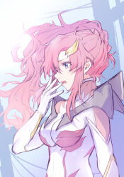 Rule 34 | 1girl, absurdres, blue eyes, breasts, gundam, gundam seed, gundam seed freedom, hair ornament, highres, lacus clyne, long hair, mecha, mechanical wings, normal suit, open mouth, pilot suit, pink hair, ponytail, robot, science fiction, solo, soshiki, upper body, very long hair, wings