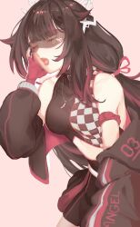 Rule 34 | 1girl, alternate costume, bare shoulders, black hair, black jacket, black shirt, breasts, checkered clothes, checkered shirt, closed eyes, columbina (genshin impact), commentary, crop top, fangs, fingerless gloves, genshin impact, gloves, hair ribbon, hand up, highres, jacket, long hair, long sleeves, medium breasts, midriff, multicolored hair, off shoulder, open mouth, pink gloves, pluvioseprince, purple hair, purple ribbon, ribbon, shirt, sleeveless, sleeveless shirt, solo, streaked hair, very long hair