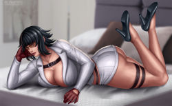 Rule 34 | 1girl, ass, bed, belt, belt buckle, black hair, breasts, buckle, capcom, cleavage, curvy, devil may cry, devil may cry (series), devil may cry 4, flowerxl, gloves, high heels, hip focus, huge ass, lady (devil may cry), large breasts, legs, looking at viewer, lying, on bed, on side, on stomach, shiny skin, short hair, short shorts, shorts, smile, solo, sunglasses, thick thighs, thighs, tinted eyewear, video game character