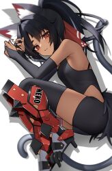 1girl absurdres animal_ears black_hair cat_ears cat_girl cat_tail dark-skinned_female dark_skin facial_mark forehead_mark full_body highres long_hair looking_at_viewer multiple_tails nekomiya_mana parted_bangs red_eyes shadow sidelocks simple_background solo tail thomas_8000 two_tails white_background zenless_zone_zero