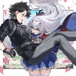 Rule 34 | 1boy, 1girl, absurdres, arigiep, black gloves, black hair, black shirt, blue cape, blue dress, blue eyes, blush, border, cape, carrying, collared shirt, commission, dress, falling petals, fate/grand order, fate (series), field, flower, flower field, frilled dress, frills, fujimaru ritsuka (male), fujimaru ritsuka (male) (polar chaldea uniform), gloves, grey pants, highres, long hair, looking at another, melusine (fate), open mouth, pants, petals, princess carry, second-party source, shirt, short hair, short sleeves, skeb commission, smile, sweatdrop, thighhighs, white border, white hair, white thighhighs, yellow eyes