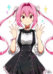 Rule 34 | 1girl, black dress, blush stickers, bow, breasts, brown nails, chikanoko, closed mouth, commentary request, dated, dress, fingernails, frilled dress, frills, hair between eyes, hair bow, hair intakes, hair ornament, heart, heart hair ornament, highres, long hair, nail polish, neck ribbon, pink hair, pink ribbon, ragho no erika, red eyes, ribbon, shirt, sidelocks, signature, simple background, sleeveless, sleeveless dress, small breasts, smile, solo, sparkle, striped bow, striped clothes, striped shirt, tsugou makina, twintails, vertical-striped clothes, vertical-striped shirt, very long hair, white background, white bow, white shirt