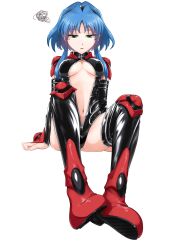 Rule 34 | 1girl, blue hair, boots, breasts, cleavage, detached sleeves, green eyes, hairband, highres, latex, medium breasts, navel, nm (tshell2761), salyute, shiny clothes, shoe soles, solo, thighhighs, twinbee, underboob