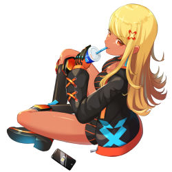 Rule 34 | 1girl, absurdres, black footwear, black gloves, black jacket, black shorts, blonde hair, boots, breasts, bustier, cellphone, choker, crossed ankles, cup, dark-skinned female, dark skin, disposable cup, drink, drinking, drinking straw, earrings, fang, female focus, flipped hair, from side, gloves, hair ornament, highres, hood, hooded jacket, indian style, jacket, jewelry, kaminari qpi, kaminari qpi (old design), kittokurukamo, knee boots, long hair, long sleeves, looking at viewer, looking back, medium breasts, open clothes, open jacket, orange eyes, orange gloves, phone, short shorts, shorts, simple background, sitting, skin fang, smartphone, smile, solo, striped clothes, striped shorts, swept bangs, tan, thighs, two-tone gloves, vertical-striped clothes, vertical-striped shorts, virtual youtuber, vspo!, white background, x hair ornament, zipper pull tab