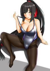 Rule 34 | 1girl, :p, abukobato, arm at side, bare arms, bare shoulders, black hair, black pantyhose, blush, bow, breasts, cleavage, closed mouth, collarbone, competition swimsuit, grey one-piece swimsuit, groin, hair bow, highres, large breasts, long hair, low-tied long hair, no shoes, one-piece swimsuit, original, pantyhose, pantyhose under swimsuit, ponytail, pulling own clothes, red bow, shiny clothes, simple background, sitting, smile, solo, spread legs, strap pull, swimsuit, thighband pantyhose, tongue, tongue out, tsurime, very long hair, white background, yellow eyes