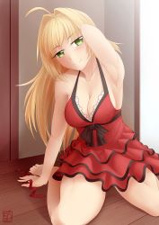 Rule 34 | 10s, 1girl, ahoge, armpits, bad id, bad pixiv id, barefoot, blonde hair, breasts, cleavage, dated, dress, fate/extella, fate/extra, fate (series), green eyes, highres, kneeling, large breasts, long hair, looking at viewer, nero claudius (fate), nero claudius (fate) (all), nero claudius (fate/extra), official alternate costume, red dress, ribbon, signature, smile, solo, thealagator