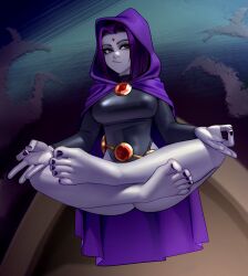 Rule 34 | 1girl, absurdres, ass, barefoot, black leotard, black nails, cloak, closed mouth, commentary, commission, crossed legs, dc comics, english commentary, feet, gem, highres, kairunoburogu, leotard, long sleeves, looking at viewer, meditation, midair, outdoors, purple cloak, purple eyes, raven (dc), solo, teen titans, toes