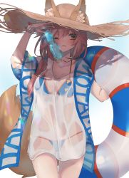 Rule 34 | 1girl, animal ears, bikini, bikini under clothes, blue bikini, bottle, breasts, brown eyes, clothes writing, commentary request, ears through headwear, fate/grand order, fate (series), fox ears, fox girl, fox tail, hat, highres, holding, holding bottle, holding swim ring, innertube, long hair, mei (maple 152), one eye closed, parted lips, pink hair, ramune, see-through, shirt, solo, straw hat, swim ring, swimsuit, tail, tamamo (fate), tamamo no mae (fate/extra), tamamo no mae (swimsuit lancer) (fate), tamamo no mae (swimsuit lancer) (second ascension) (fate), wet, wet clothes, white shirt
