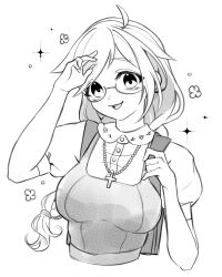 Rule 34 | 1girl, abigail dovely, ahoge, braid, breasts, buttons, collared shirt, commission, cross, cross necklace, dress, freckles, glasses, greyscale, hand up, highres, hopetokki, indie virtual youtuber, jewelry, long hair, medium breasts, monochrome, necklace, parted lips, pinafore dress, shirt, sketch, sleeveless, sleeveless dress, solo, sparkle, upper body, vgen commission, virtual youtuber