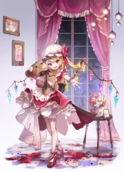 Rule 34 | 1girl, absurdres, animal ears, apron, arm up, ascot, back bow, bear ears, blonde hair, blood, blood on ground, bloomers, blush, bow, brown bow, collared dress, crystal, curtains, drawing (object), dress, flandre scarlet, floor, flower, footwear bow, frills, full body, hair between eyes, hands up, hat, hat ribbon, highres, holding, holding stuffed toy, hug, indoors, jar, jewelry, kyusoukyu, lamp, leaf, looking at viewer, mob cap, multicolored wings, night, one side up, open mouth, orange ascot, pink bow, pink dress, pink flower, pink footwear, pink ribbon, pink rose, pointy ears, puffy short sleeves, puffy sleeves, red eyes, ribbon, rose, shoes, short hair, short sleeves, smile, socks, solo, standing, stuffed animal, stuffed toy, teddy bear, tongue, touhou, underwear, wall, white apron, white flower, white hat, white rose, white socks, window, wing collar, wings, wrist cuffs