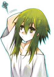 Rule 34 | 1girl, arm behind head, arm up, blue outline, closed mouth, green eyes, green hair, hair between eyes, hekikai no aion, highres, kagesaki yuna, miyazaki seine, outline, shirt, short hair with long locks, short sleeves, simple background, solo, squiggle, upper body, white background, white shirt, wide sleeves