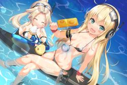 Rule 34 | 2girls, :d, absurdres, ahoge, albacore (azur lane), anklet, arm support, armband, azur lane, bare shoulders, barefoot, bikini, bird, black bikini, black gloves, blonde hair, blue gloves, blush stickers, breasts, cavalla (azur lane), chick, closed mouth, collarbone, commentary request, crossed bangs, elbow gloves, fang, fingerless gloves, food, full body, gloves, goggles, goggles on head, green eyes, groin, hair between eyes, hair ornament, halterneck, headphones, highres, holding, holding food, holding spoon, ice cream, jewelry, licking, long hair, looking at viewer, loose bikini, makina9696, manjuu (azur lane), multiple girls, navel, ocean, open mouth, parted bangs, partial commentary, partially submerged, ponytail, popsicle, scouter, shadow, sidelocks, sitting, small breasts, smile, soaking feet, sparkle, spoon, star (symbol), star cutout, star in eye, stomach, striped bikini, striped clothes, submarine, swimsuit, symbol in eye, thick eyebrows, two-tone gloves, very long hair, watercraft, white bikini, wristband
