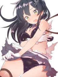 Rule 34 | 1girl, black bra, black hair, black panties, black skirt, blush, bra, breasts, caburi, cleavage, cowboy shot, gloves, grey eyes, hair between eyes, hair ornament, hairclip, highres, kantai collection, lace, lace-trimmed bra, lace-trimmed panties, lace trim, navel, nose blush, open mouth, oyashio (kancolle), panties, pleated skirt, simple background, skirt, solo, tears, thigh strap, torn clothes, underwear, vest, white background, white gloves