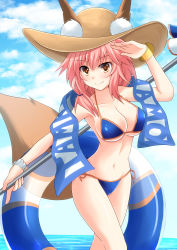 Rule 34 | 1girl, animal ears, bikini, blue bikini, breasts, cross (crossryou), crossed legs, ears through headwear, fate/grand order, fate (series), fox ears, fox tail, hat, large breasts, long hair, looking at viewer, navel, pink hair, solo, standing, swimsuit, tail, tamamo (fate), tamamo no mae (fate/extra), tamamo no mae (swimsuit lancer) (fate), tamamo no mae (swimsuit lancer) (second ascension) (fate), umbrella, water, yellow eyes