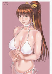 Rule 34 | 1girl, bikini, breasts, brown eyes, brown hair, cleavage, dead or alive, highres, kasumi (doa), looking at viewer, navel, parted lips, ponytail, solo, stomach, swimsuit, zenkou