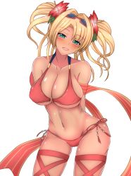 Rule 34 | 10s, 1girl, bikini, blonde hair, blue eyes, breasts, eyewear on head, granblue fantasy, heart, heart-shaped pupils, large breasts, long hair, looking at viewer, navel, open mouth, red bikini, shawl, shinpo ko, simple background, smile, solo, sunglasses, swimsuit, symbol-shaped pupils, tan, thigh strap, twintails, zeta (granblue fantasy), zeta (summer) (granblue fantasy)