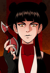 Rule 34 | 1girl, artist request, avatar: the last airbender, avatar legends, black gloves, black hair, black nails, blade, closed mouth, collarbone, dio brando, evil grin, evil smile, eyebrows, facing viewer, female focus, fingerless gloves, fingernails, gloves, grin, hair bun, hair over shoulder, hand up, high collar, hime cut, holding, holding knife, holding weapon, jojo no kimyou na bouken, knife, long hair, looking at viewer, mai (avatar), nail polish, neck, parody, parted lips, red background, sharp fingernails, single hair bun, smile, smirk, standing, stardust crusaders, weapon, yellow eyes