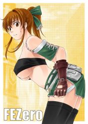 Rule 34 | 1girl, breasts, brown eyes, brown hair, covered erect nipples, fantasy earth zero, kuboshun, large breasts, panties, panty pull, ponytail, seven flavor spice, solo, thighhighs, underboob, underwear