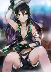 Rule 34 | 1girl, absurdres, bandages, bare shoulders, black hair, breasts, cleavage, cutoffs, gloves, green eyes, gun, highres, long hair, looking at viewer, midriff, multicolored hair, okuto, original, shorts, sitting, solo, weapon