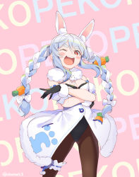 Rule 34 | 1girl, :d, akamoku, animal ear fluff, animal ears, bad id, bad pixiv id, black gloves, black leotard, black pantyhose, blue hair, blush stickers, braid, breasts, bridal garter, carrot hair ornament, cleavage, commentary, cowboy shot, crossed arms, detached sleeves, don-chan (usada pekora), dress, english commentary, food-themed hair ornament, fur-trimmed dress, fur-trimmed gloves, fur trim, gloves, hair ornament, highres, hololive, legs apart, leotard, leotard under clothes, long hair, medium breasts, multicolored hair, one eye closed, open mouth, pantyhose, puffy short sleeves, puffy sleeves, rabbit ears, rabbit girl, red eyes, scarf, short sleeves, sidelocks, smile, solo, standing, streaked hair, swept bangs, symbol-shaped pupils, teeth, thick eyebrows, twin braids, twintails, two-tone hair, upper teeth only, usada pekora, virtual youtuber, white dress, white hair