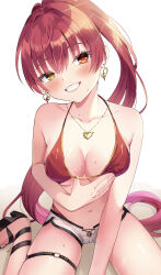 Rule 34 | 1girl, absurdres, bikini, bikini under shorts, black footwear, blush, breasts, earrings, gold earrings, gold necklace, grey shorts, heart, heart earrings, heart necklace, heterochromia, highres, hololive, houshou marine, houshou marine (summer), jewelry, large breasts, long hair, looking at viewer, miroku yy, navel, necklace, o-ring, o-ring thigh strap, official alternate costume, ponytail, red bikini, red eyes, red hair, sandals, shorts, smile, solo, swimsuit, thigh strap, virtual youtuber, white background, yellow eyes