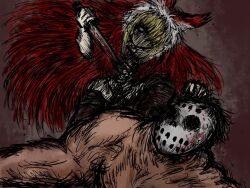 Rule 34 | 1boy, 1girl, animal hood, battle, black souls, blonde hair, blood, blood splatter, bloody weapon, blue eyes, cape, cloak, dagger, fur, fur trim, grin, guro, hair over one eye, holding, holding another&#039;s head, holding knife, holding weapon, hood, horror (theme), knife, looking at viewer, mask, masked, medium hair, monster, muscular, official art, red dead hood, red hood, red hood (black souls), red theme, simple background, sketch, smile, solo, solo focus, sushi yuusha toro, sword, weapon