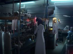 Rule 34 | 1girl, beaker, black hair, blonde hair, cable, chair, coat, dark, erlenmeyer flask, flask, fluorescent lamp, glowing, highres, holding, industrial pipe, lab coat, laboratory, lamp, living, original, photorealistic, realistic, scenery, science, standing, trench coat, vial