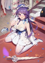 Rule 34 | absurdres, arm support, bare shoulders, blue bow, blue flower, blue ribbon, blue rose, blush, bow, braid, breasts, commentary, dated, dress, dress bow, fallen down, flower, gloves, hair flower, hair ornament, high heels, highres, honkai (series), honkai impact 3rd, large breasts, long hair, long sleeves, meng zhongfeng ji li mm, on floor, out of frame, pillar, purple eyes, purple hair, raiden mei, raiden mei (aeterba purum), raiden mei (valkyrie bladestrike), red footwear, reflection, ribbon, rose, unworn shoe, shoes, unworn shoes, side braid, signature, sitting, solo focus, thighhighs, umbrella, very long hair, wariza, white dress, white footwear, white gloves, white legwear, white umbrella, wince
