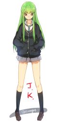 Rule 34 | 1girl, artist name, c.c., cardigan, code geass, cosplay, creayus, full body, green hair, hands in pockets, idolmaster, idolmaster cinderella girls, jewelry, kneehighs, loafers, long hair, looking at viewer, miniskirt, necklace, necktie, school uniform, shibuya rin, shibuya rin (cosplay), shoes, simple background, skirt, socks, solo, trait connection, twitter username, uniform, white background, yellow eyes