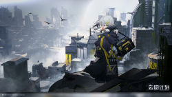 Rule 34 | 1girl, bag, bird, black hair, black jacket, blowing bubbles, building, chewing gum, city, cityscape, copyright name, croque (neural cloud), artistic error, from behind, girls&#039; frontline, girls&#039; frontline neural cloud, gradient hair, grey hair, hair ornament, hairclip, hand in pocket, highres, holding, holding bag, hood, hood down, hooded jacket, jacket, looking at viewer, looking back, medium hair, multicolored hair, official art, outdoors, smog, solo, yellow eyes
