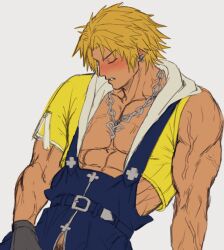 Rule 34 | abs, blonde hair, blue overalls, blush, bukkake rice, closed eyes, cropped jacket, earrings, final fantasy, final fantasy x, highres, jacket, jewelry, large pectorals, male focus, muscular, muscular male, necklace, open clothes, open jacket, overalls, pectorals, tidus, veins, yellow jacket