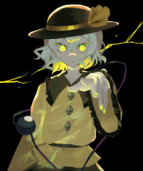 Rule 34 | 1girl, absurdres, black background, black hat, blouse, bow, buttons, cowboy shot, diamond button, expressionless, eyeball, frilled shirt collar, frilled sleeves, frills, green skirt, hat, hat bow, hat ribbon, highres, komeiji koishi, light green hair, long sleeves, looking at viewer, medium hair, noppo (ayumu 1226), ribbon, shirt, simple background, skirt, solo, third eye, touhou, wavy hair, wide sleeves, yellow bow, yellow eyes, yellow nails, yellow ribbon, yellow shirt