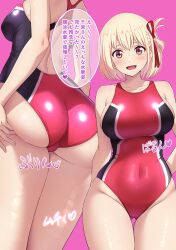 Rule 34 | 1girl, :d, absurdres, arms behind back, ass, ass focus, black one-piece swimsuit, blonde hair, blush, breasts, collarbone, covered navel, from behind, groin, hair ribbon, highres, huge ass, large breasts, looking at viewer, lycoris recoil, mibushiro, multiple views, nishikigi chisato, one-piece swimsuit, open mouth, pink background, red one-piece swimsuit, red ribbon, ribbon, short hair, simple background, smile, speech bubble, standing, swimsuit, thick thighs, thighs, tongue, translated, two-tone one-piece swimsuit, wide hips