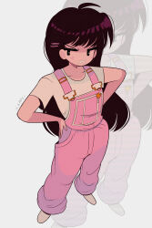 Rule 34 | 1girl, absurdres, auri (xoauri), bishoujo senshi sailor moon, black hair, clothes pin, frown, hair ornament, hairpin, hands on own hips, highres, hino rei, long hair, overalls, pants, pink overalls, scowl, shirt, shoes, signature, simple background, solo, standing, t-shirt, white shirt