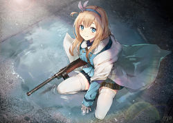 Rule 34 | 1girl, black skirt, blue eyes, blue hairband, blue jacket, blush, breasts, closed mouth, commentary, from above, girls&#039; frontline, gloves, gun, hair between eyes, hair ornament, hairband, holding, holding gun, holding weapon, jacket, light brown hair, long hair, long sleeves, looking at viewer, looking up, medium breasts, nagu, name connection, object namesake, puddle, shawl, signature, skirt, sleeves past wrists, smile, snowflake hair ornament, solo, squatting, striped clothes, striped skirt, submachine gun, suomi (girls&#039; frontline), suomi kp/-31, thighhighs, vertical-striped clothes, vertical-striped skirt, water, weapon, white gloves, white thighhighs
