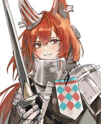 Rule 34 | 1girl, absurdres, animal ear fluff, animal ears, arknights, armor, armored collar, black straps, blush, brown jacket, cable, closed mouth, collar, colored inner hair, commentary request, double-parted bangs, ear armor, ear covers, ear tag, facing viewer, flametail (arknights), gambeson, gauntlets, gloves, grey gloves, grey hair, hair between eyes, hand up, hatching (texture), high collar, highres, holding, holding sword, holding weapon, jacket, light smile, linear hatching, long hair, looking afar, looking to the side, metal, metal collar, metal gloves, multicolored hair, nun2o, orange hair, pauldrons, ponytail, red eyes, shoulder armor, shoulder pads, shoulder strap, simple background, single ear cover, single pauldron, single shoulder pad, sketch, solo, squirrel ears, squirrel girl, standing, strap, sword, two-tone hair, upper body, very long hair, weapon, white background