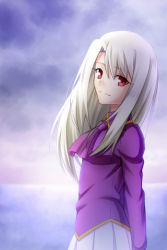 Rule 34 | 1girl, arms behind back, closed mouth, collared shirt, day, fate/stay night, fate (series), gyatto624, hair between eyes, illyasviel von einzbern, long hair, long sleeves, looking at viewer, outdoors, pleated skirt, purple neckwear, purple shirt, red eyes, shirt, silver hair, skirt, smile, solo, standing, straight hair, white skirt, wing collar
