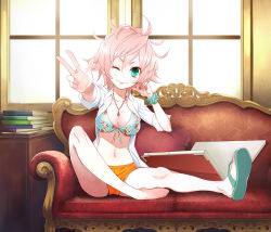 Rule 34 | 1girl, barefoot, bikini, bikini top only, breasts, cleavage, couch, front-tie top, green eyes, indoors, kujou non, navel, one eye closed, open clothes, open shirt, original, pink hair, sandals, shirt, shoes, short hair, shorts, single shoe, sitting, solo, swimsuit, v, wink