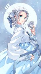 Rule 34 | 1girl, alternate costume, alternate hairstyle, blue background, blue eyes, blue ribbon, blue skirt, bow, braid, commentary request, cowboy shot, final fantasy, final fantasy xiv, flower, from side, full moon, grey hair, hair bow, hair bun, hair flower, hair ornament, half updo, hanbok, hand up, highres, holding, holding mask, jacket, korean clothes, korean commentary, long sleeves, looking at viewer, looking back, mask, unworn mask, medium hair, moon, new year, parted lips, ribbon, signature, silhouette, single braid, single hair bun, skirt, solo, sparkle, standing, twitter username, venat (ff14), wavy hair, white hanbok, white jacket, wide sleeves, wild5lee