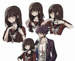 Rule 34 | 1boy, 1girl, alternate hair length, alternate hairstyle, blush, bob cut, bow, brown hair, closed mouth, collarbone, collared shirt, commentary, criis-chan, cropped torso, cutting hair, danganronpa (series), danganronpa v3: killing harmony, ear piercing, expressionless, grey bow, hair between eyes, hair ornament, hairclip, hand up, harukawa maki, holding, holding scissors, jacket, jacket on shoulders, long hair, long sleeves, looking away, low twintails, mole, mole under eye, momota kaito, multiple views, open mouth, piercing, print shirt, purple jacket, red shirt, sailor collar, school uniform, scissors, shirt, short hair, simple background, space print, spiked hair, starry sky print, twintails, twitter username, upper body, white background, white shirt